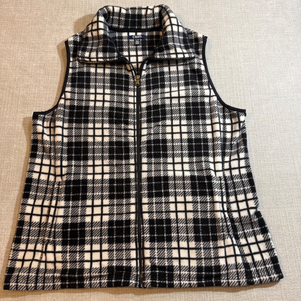 Chaps Fleece Vest XL Black White Plaid Full Zip Sleeveless Jacket Mock Neck